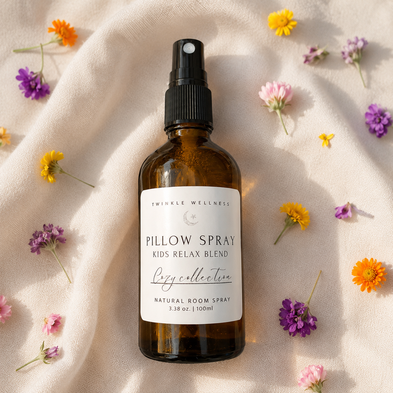 Natural calming pillow spray with Lavender, Chamomile and Mandarin essential oils. Supports relaxation and restful sleep children.