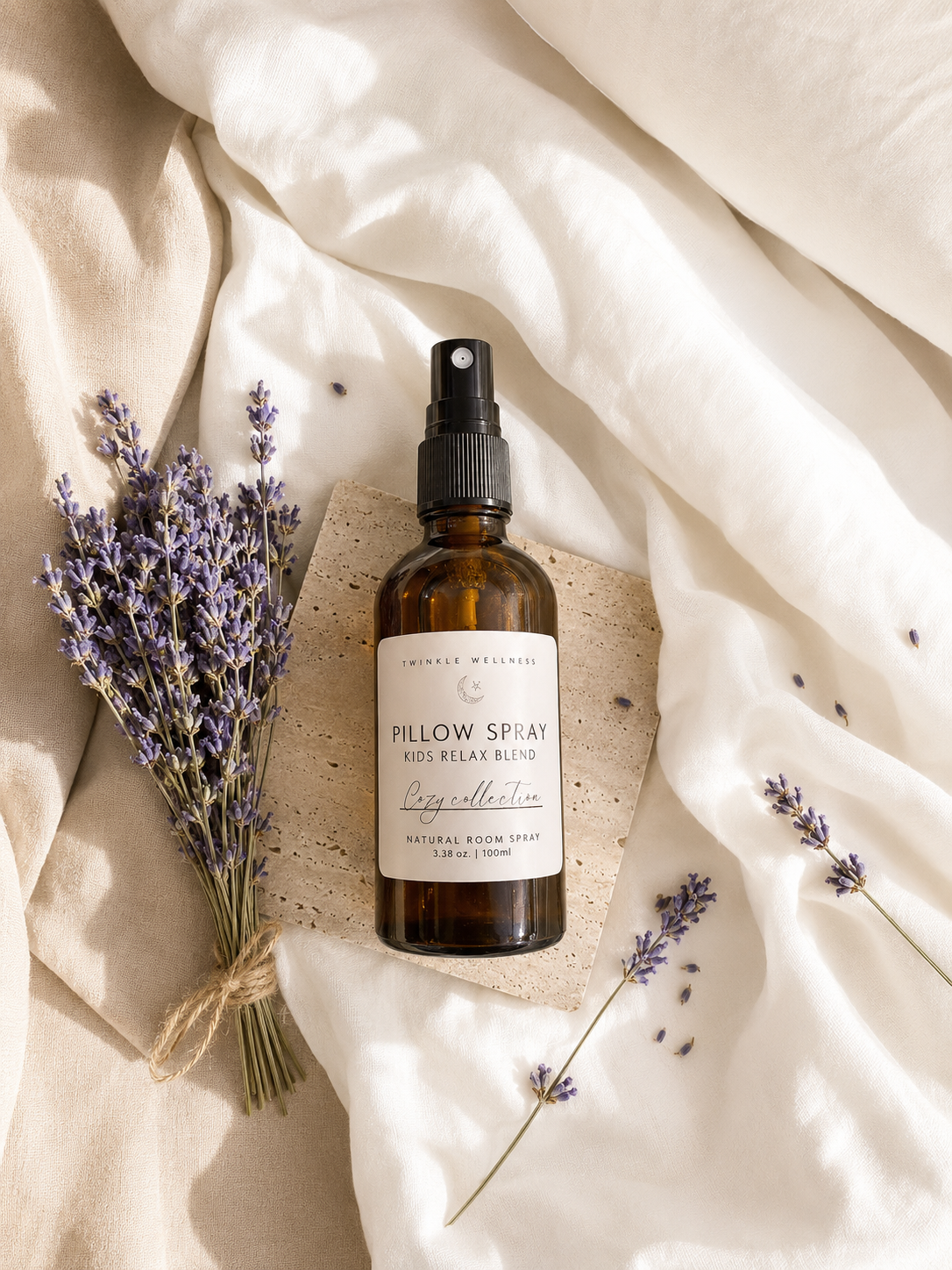 Natural calming pillow spray with Lavender, Chamomile and Mandarin essential oils. Supports relaxation and restful sleep children.