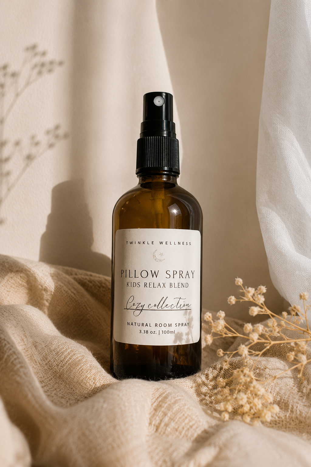 Natural calming pillow spray with Lavender, Chamomile and Mandarin  essential oils. Supports relaxation and restful sleep children.
