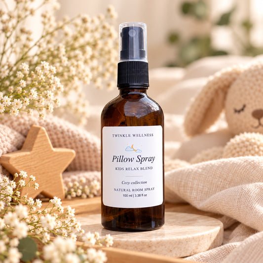 Natural calming pillow spray with Lavender, Chamomile and Mandarin  essential oils. Supports relaxation and restful sleep children.