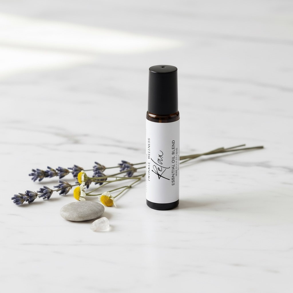 Roll-on bottle of essential oil blend with lavender and stones on a light background